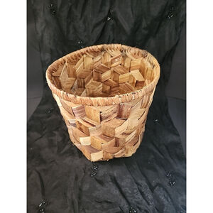 Vtg Banana Leaf Basket Hand Woven 9” Round Hexagon Base~Boho Farmhouse